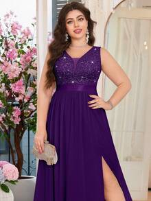 Plus Deep V Neck Sequin Floral Lace Sleeveless Chiffon Split Thigh Hem Formal Party Maxi Dress - 紫色 - 查看 8