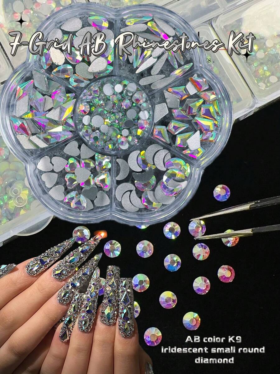 KIRAME 600颗AB平底水钻美甲装饰套装，DIY美甲饰品，美甲宝石，居家DIY美甲，美甲沙龙，美甲用品，万圣节，圣诞节美甲，新年，节日礼物，适用于工艺品、服装、织物、鞋类、玻璃器皿、珠宝制作 - 多尺寸闪亮装饰