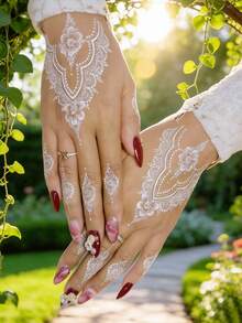 2pcs White Henna Mandala Flower Pattern Lace Satin Waterproof Temporary Tattoo Stickers, Suitable For Women, Sexy Body Art, Wedding - White - View 4