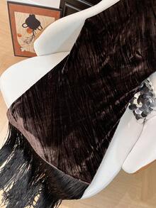 GMFP 女士优雅无袖黑色天鹅绒流苏中长连衣裙，时尚百搭，适合派对、音乐节、婚礼季等场合。 - 棕色 - 查看 7