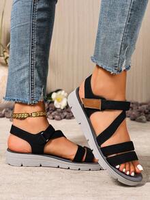New Women's Versatile Contrast Color Hook And Loop Thick Sole Sandals, Suitable For Outdoor And Indoor Wear, Spring/Summer - Black - View 6