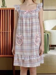Womens Mini Tank Dress Summer Ruffle Sleeveless Square Neck Plaid Print Loose Dress Short Dress - Purple - View 4