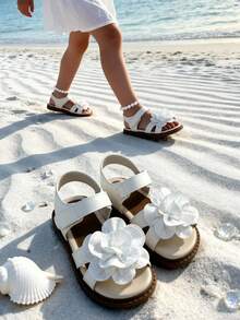夏季新款！女童珍珠凉鞋，舒适防滑软底平底沙滩鞋，魔术贴设计 - 白色 - 查看 4