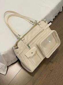 Y2K Vintage Large Capacity Transparent Badge Corn Road Messenger Bag, Suitable For Street Fashion, Shopping, Commuting, Gifts, Parties, Anime Conventions, Versatile Shoulder/Crossbody Bag - Beige - View 10