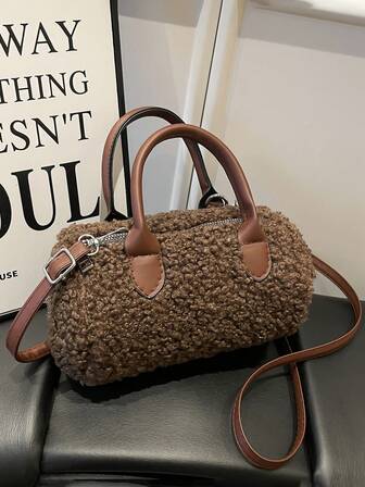 Ny plysch Boston-handväska med cylinderformad kudde, vintage-axelväska för utflykter och dejter