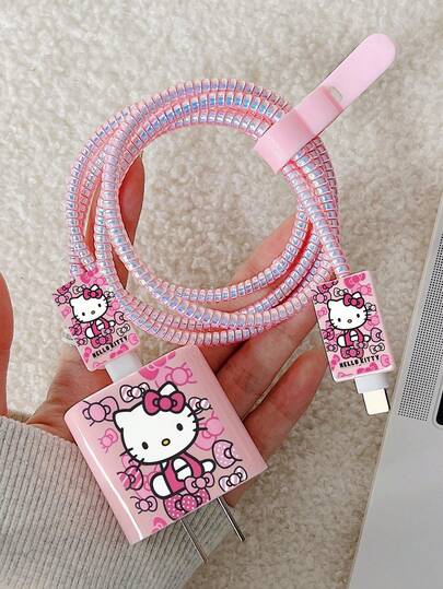 Sanrio Set de 5 piezas: Organizador de cables de unicolor Hello Kitty de 1.5m, Funda protectora anti-rotura TPU para cabezal de carga, Compatible con cable de carga rápida de 20W para iPhone