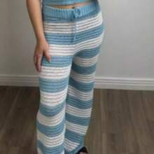 Beach Cover-Up Striped Drawstring Pants Crochet Blogger Luxury Elegant Knit Women's Fashion Summer Casual Beach Vacation - 淺藍色 - 查看 3