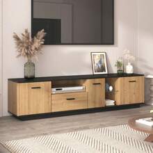 Mobile porta TV con un cassetto, tre ante, due vani a giorno, mobile porta TV in vetro, scheda madre TV, mobile porta TV basso, struttura raffinata. Legno nero e naturale. - nero - Visualizzare 4