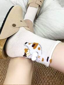 1/5 Pairs Comfortable Funny Upside Down Cat Ball Pom Pom Mid-Calf Socks, Suitable For All Seasons - Multicolor - View 5