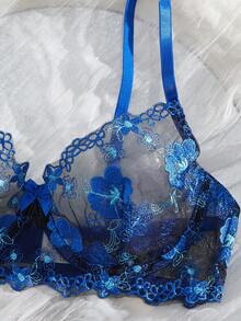 Delicate Lace Embroidered Mesh Sexy Lingerie Set For Women - Royal Blue - View 4