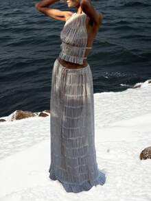 2026春夏女士雪纺层叠荷叶边蕾丝露背吊带两件套，包含长裙和短款上衣，适合情人节、海滩度假、早午餐约会、优雅派对，以及万圣节、哥特风派对和婚礼等场合。这款优雅的露背女士套装是圣诞派对、约会之夜的理想之选，也是春夏的时尚之选。白色。 - 杏色 - 查看 3