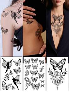 STARTTOOS Black Dynamic Butterfly Tattoo Sticker With Multiple Butterfly Flower Patterns Temporary Fake Tattoo Sticker Suitable For Wrist, Ankle, Shoulder, Neck, Collarbone DIY Daily Party, Festival Gift Waterproof Realistic Body Tattoo Sticker - Multicolor - View 2