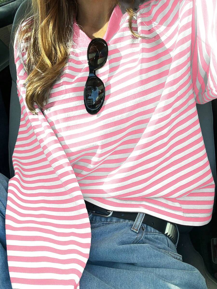 SDNGED Women Casual Top, Striped Contrast Ribbed Everyday Wear Spring
