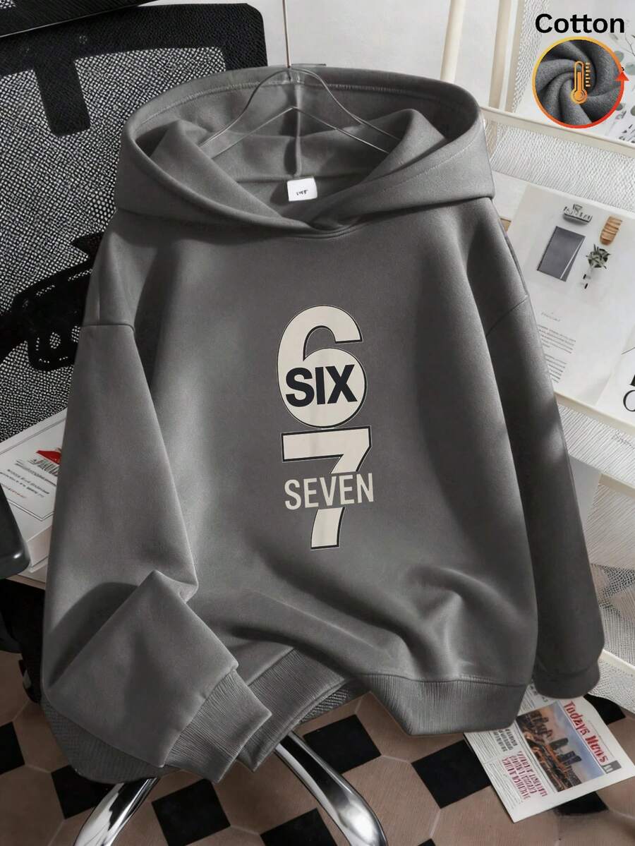 Tween Boy休閒連帽衛衣，SIX 67 SEVEN個性圖案裝飾，超大碼版型舒適有型，秋冬季穿搭佳選，秋冬季節保暖加絨襯裡，oversize運動衫。 de niños，sudadera negra，regalo ragazzo，felpe ragazze - 灰色 - 查看 1