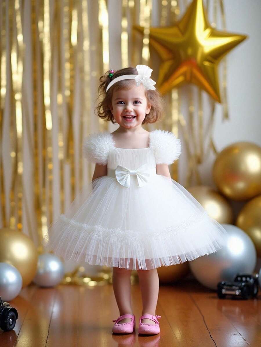 1件女婴荷叶边薄纱蝴蝶结可爱一周岁生日派对连衣裙，适合花童婚礼庆典，附赠发带 - 白色 - 查看 1