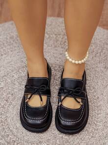 Damen Mode vielseitige flache Schnallen Rund Zeh Farbblock Schleife Slip-On Loafer, geeignet für alle Jahreszeiten - Schwarz - Übersicht 2