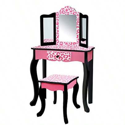 Fantasy Fields Gisele Leopard Print Vanity Table And Stool Black And Pink