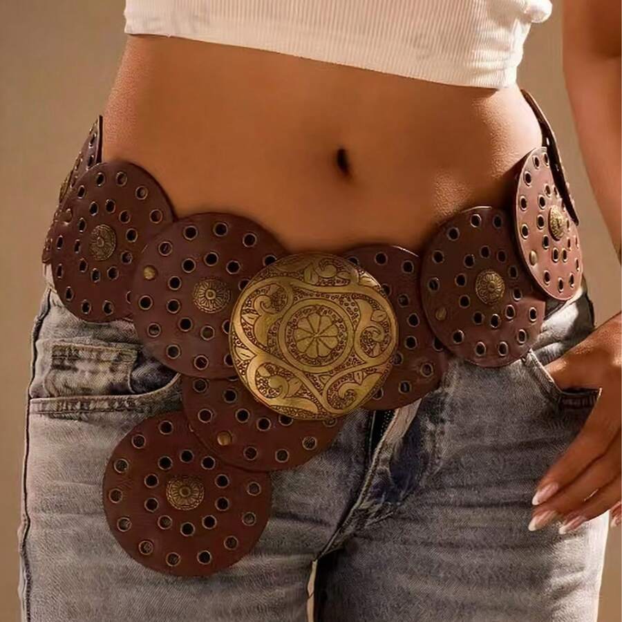 1 pièce Ceinture mode avec boucle ronde en PU bronze antique, boucle métallique ovale, style bohème, convient pour un port quotidien