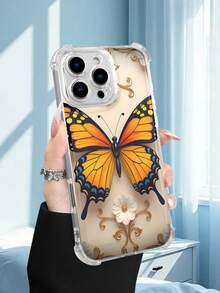 1PC Funda transparente con diseño de mariposa monarca naranja sobre flor blanca y detalles dorados, estilo minimalista clásico y elegante, protección contra caídas, ideal para mujeres y amantes de la naturaleza y el arte decorativo, regalo perfecto para fiestas, amigos, pareja o familia : funda transparente resistente a golpes, compatible con Apple Phone17/16/15/14/13/12/11/XS/XR/X/PLUS/PRO/PROMAX, agarre cómodo, regalo ideal para ocasiones especiales - transparente - Ver 5