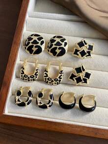 5 Pairs Elegant Luxury Black & Gold Geometric Leopard Print Stud Earrings & Hoop Earrings Set, Suitable For Women's Daily, Commute, Festivals, Parties