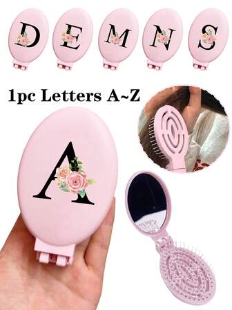 Pink Portable Hollow Vanity Mirror Integrated Folding Vanity Mirror Combination - Portable, Desktop, Modern Travel Beauty Tool, Printed With Champagne Rose Black Initials With A Folding Comb With A Makeup Mirror, Lightweight And Easy To Carry