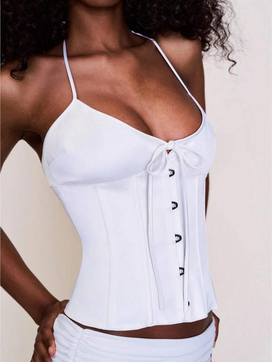 Women's Solid Color Halter Neck Low-Cut Slim-Fit Waist-Cinching Top, Women's Slim-Fit Button/Belt Party/Festival Street Style Halter Neck Top - 白色 - 查看 1