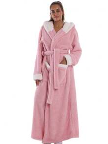 1pc Thick Plush Bathrobe, Basic Casual Loungewear, Warm & Comfortable, Suitable For Home, Holiday Gift - Pink Hooded - View 5