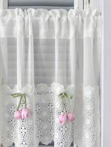 1 pieza Cortinas cortas decoradas con tulipanes rosas de estilo coreano lindo para ventanas pequeñas, cortinas para cocina de apartamento, cortinas para ventana de dormitorio, sin necesidad de barras de tensión con taladro - Blanco - Ver 8