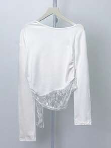 美式性感辣妹蕾丝斜肩长袖T恤，修身打底衫，女士春秋季款 - 白色 - 查看 8