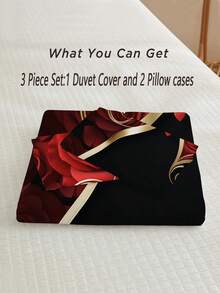 3 Stück luxuriöser Bettbezug-Set mit roter Rose & Herz Design (1*Bettbezug + 2*Kissenbezüge, ohne Füllung), romantisches Goldakzent Liebes Muster Bettbezug, Valentinstag Schlafzimmer Dekoration für Paare & elegante romantische Ästhetik Enthusiasten, beruhigend für die Augen, geeignet für Zuhause, Schlafzimmer und Gästezimmer - Verschiedenfarbig - Übersicht 3