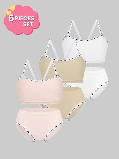 Set de 6 piezas de sujetador deportivo inalámbrico con tirantes con corazón y letras de color contrastante, y panty triangular básico de cintura elástica cómoda y sin costuras, adecuado para uso diario de estudiantes como ropa interior deportiva