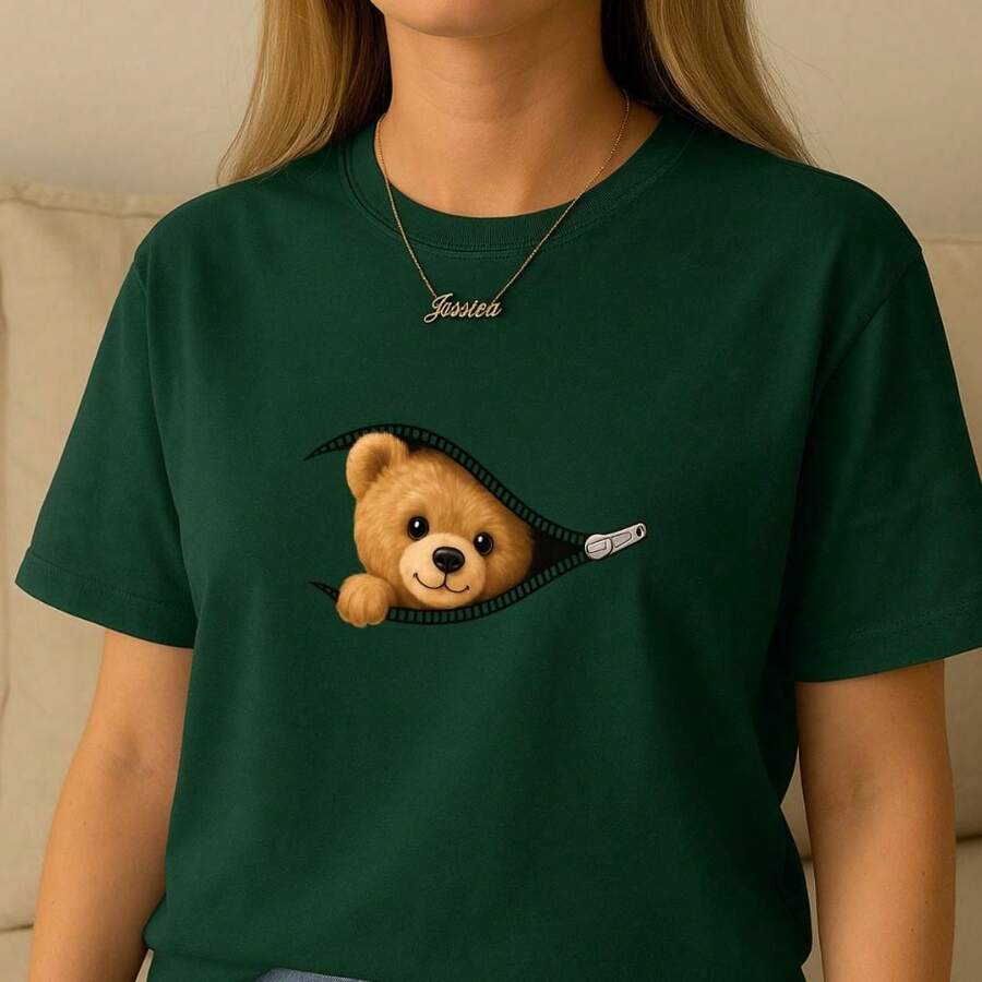 Camiseta Feminina e Masculina Urso Ziper Camisa Unissex 100% Algodão - Verde - Visão 1