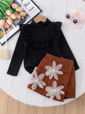 2pcs/Set Toddler Girls' Fashionable Casual High Collar Ruffle Long Sleeve Top + Elegant 3D Floral Beaded Corduroy Skort