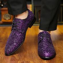 Men's Full Glitter Lace Up Oxford Dress Shoes Faux Leather Pointed Toe Low Block Heel Sparkly Footwear For Club Party Wedding Evening Formal Events - Purple - View 5