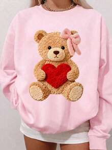 Heart & Bear Graphic Valentine's Outfits For Women, Casual Loose Fit Crew Neck Long Sleeve Sweatshirt - Multicolor - View 1