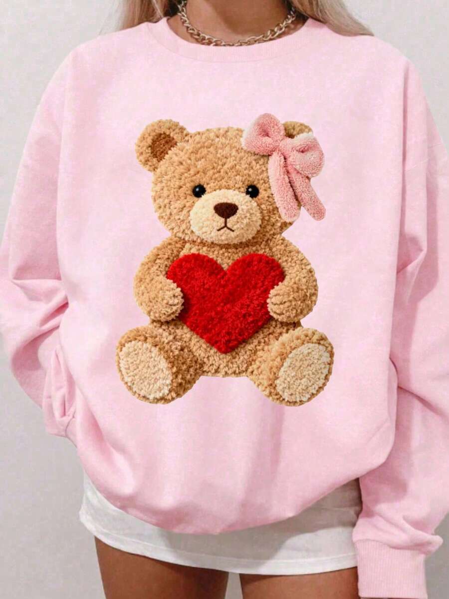 Heart & Bear Graphic Valentine's Outfits For Women, Casual Loose Fit Crew Neck Long Sleeve Sweatshirt - Multicolor - View 1