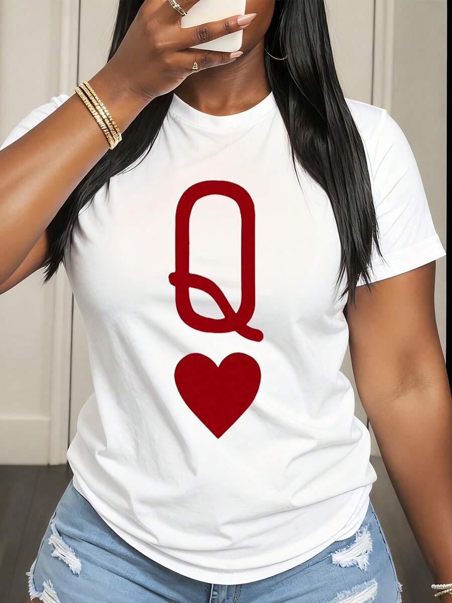 Queen Of Hearts Q Heart Graphic T Shirt Women Casual Summer Top White Red Design Fashion Statement Tee - 白色 - 查看 1