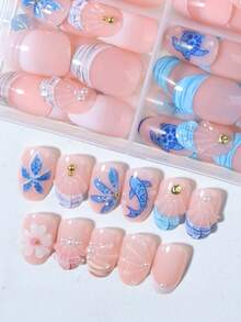 96片混合装4款短椭圆形3D凝胶美甲贴纸，海洋与花卉主题美甲贴花，饰有贝壳和仿珍珠，法式美甲设计，包含1瓶果冻凝胶和1把指甲锉，适合女性日常、工作、夏季派对美甲用品 - 查看 3