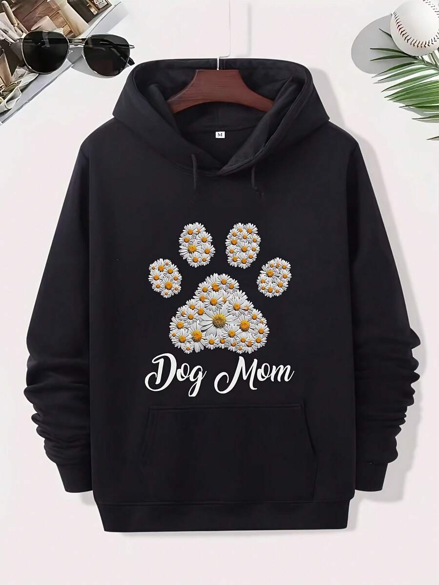 Women-S Dog Mom Ever Hoodie - Soft Pullover Sweatshirt With Paw Prints And Bone Lettering, Black Dog Lover Sweater For Casual Streetwear Everyday Outfits - Perfect Gift For Dog Mom_693 - 黑色8 - 查看 1