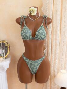 新品春夏绿色碎花面料性感金属环比基尼套装 - 綠色 - 查看 1