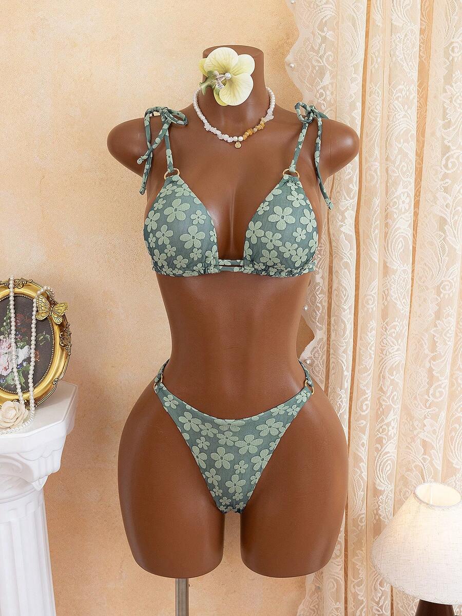 新品春夏绿色碎花面料性感金属环比基尼套装 - 綠色 - 查看 1
