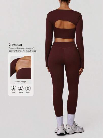 Sodalemon Women Training Gym 2 PCS Set Long Sleeve Thumb Hole Hollow Back T-Shirt Cross Waist No Front Seam Yoga Leggings Casual Outdoor Fitness Sport Set