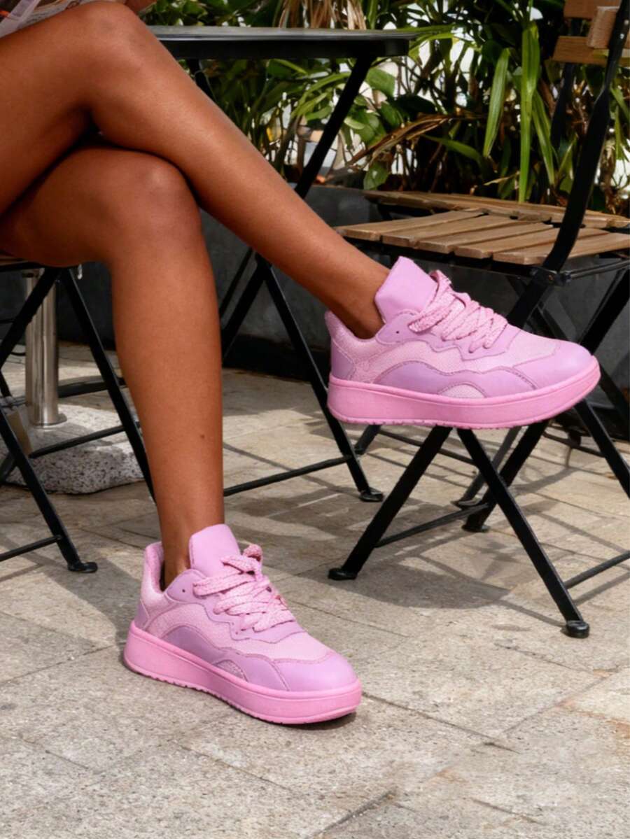 女士休闲运动鞋，时尚百搭，适合户外拍照，舒适透气材质，低帮纯色时尚运动休闲鞋 - 粉色 - 查看 1