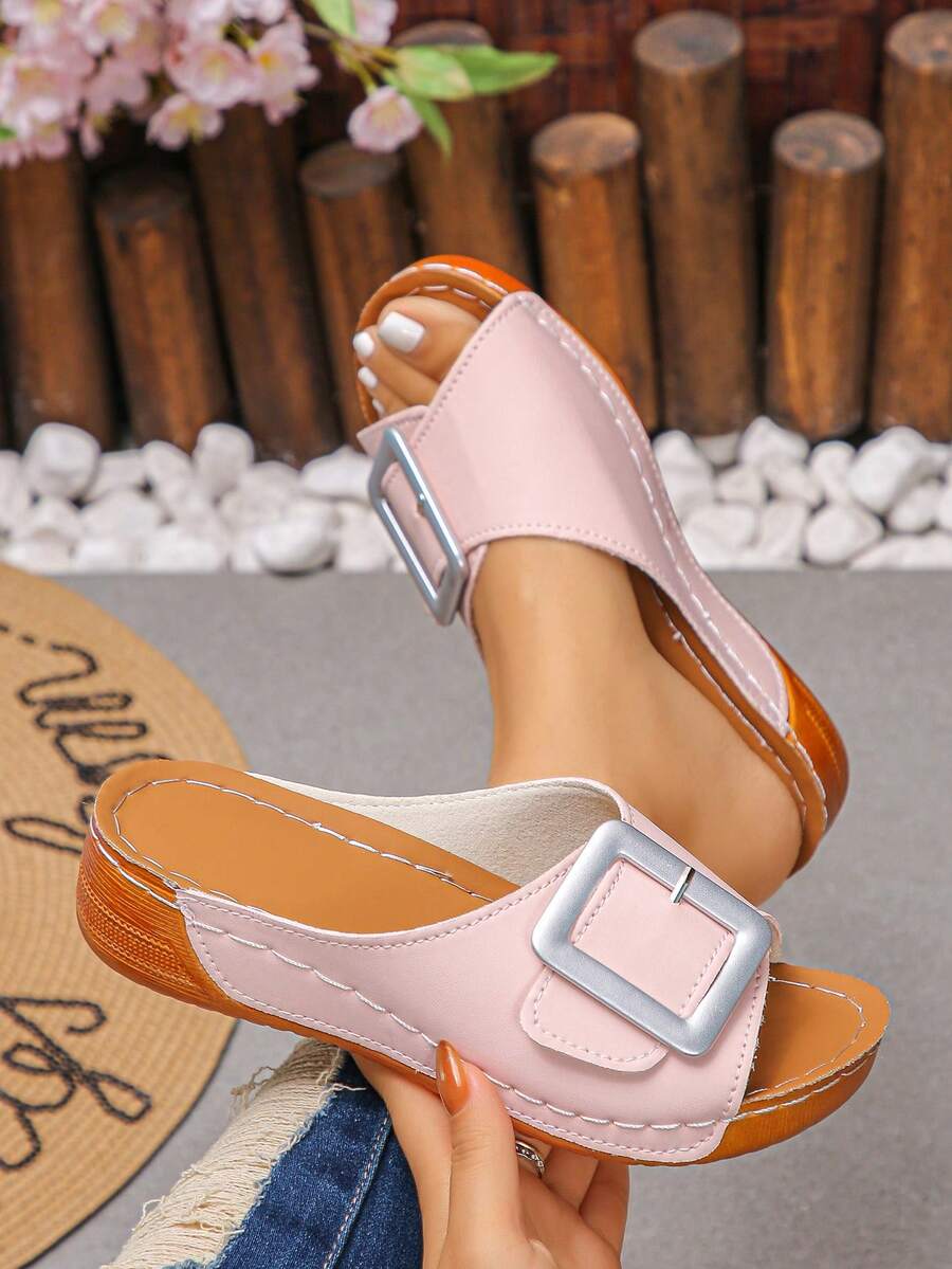 大码 36-45 夏季时尚休闲粉色金属扣坡跟凉鞋，舒适轻便户外罗马拖鞋，百搭女士厚底凉鞋