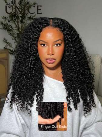  Peluca sin pegamento con cierre de encaje 7x5, cabello humano 100% negro natural con rizos espirales y ondas de agua, con extremos retorcidos, lista para usar, pre cortada, pre decolorada, con encaje transparente, Unice Wig