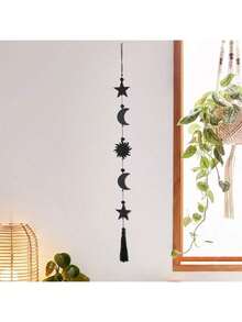 1 Stück Wandbehang mit Mondphasen, Stern Mond Sonne Quaste Dekoration, bohemische Heimdekoration für Wohnzimmer Schlafzimmer, hexenhafte spirituelle Wandkunst, minimalistischer himmlischer Schmuck, bohemianischer vertikaler Wanddekor