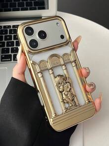Retro European Cupid Angel Hollowed Out Phone Case Compatible With Iphone 17ProMax 17Pro 16 15 14 13 Pro Max Protection Cover Luxury Shockproof Back Shell - Gold - View 2
