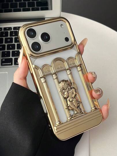 Retro European Cupid Angel Hollowed Out Phone Case Compatible With Iphone 17ProMax 17Pro 16 15 14 13 Pro Max Protection Cover Luxury Shockproof Back Shell