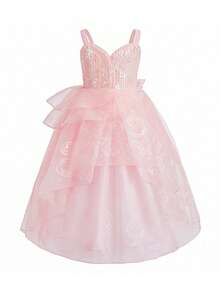 8pcs/Set Girls Pink Tulle Sequin Sleeveless Dress Accessories Set, Children Princess Christmas Carnival Party Cosplay Dress Outfit - Pink - View 3