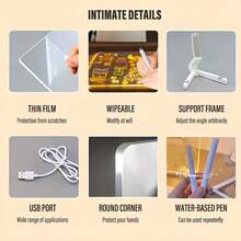 Tableau à dessin magique, tableau à dessin à LED alimenté par USB, tableau mémo de surveillance, livré avec 7 stylos de couleur - résistant aux rayures, avec support, peut être utilisé comme tableau mémo lumineux, tableau à messages LED, tableau blanc, convient pour le bureau, l'école et la maison, tableau à messages en acrylique, cahier, fournitures de dessin. - Blanc - Voir 9